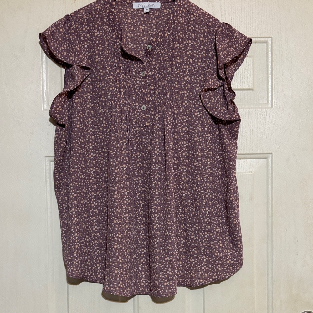 Sweet Rain Purple Floral Ruffle Sleeve Blouse‎